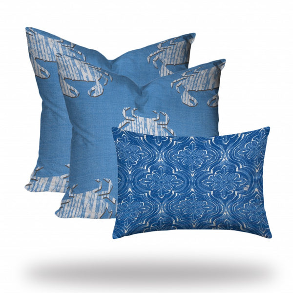 Homeroots Set Of Three 20" X 20" Blue And White Crab Enveloped Coastal Throw Indoor Outdoor Pillow Cover  100% Polyester 409965