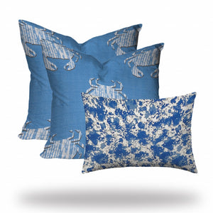 Homeroots Set Of Three 20" X 20" Blue And White Crab Blown Seam Coastal Throw Indoor Outdoor Pillow  100% Polyester 409969