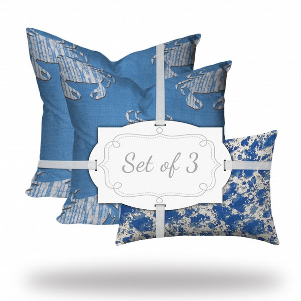 Homeroots Set Of Three 20" X 20" Blue And White Crab Blown Seam Coastal Throw Indoor Outdoor Pillow  100% Polyester 409969