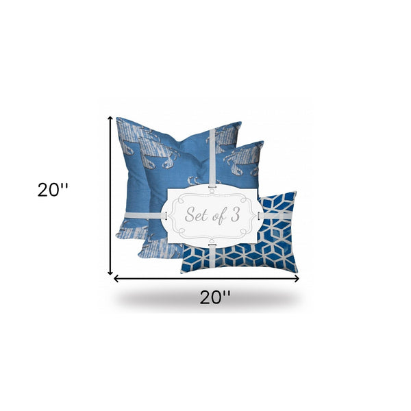 Homeroots Set Of Three 20" X 20" Blue And White Crab Zippered Coastal Throw Indoor Outdoor Pillow Cover  100% Polyester 409977