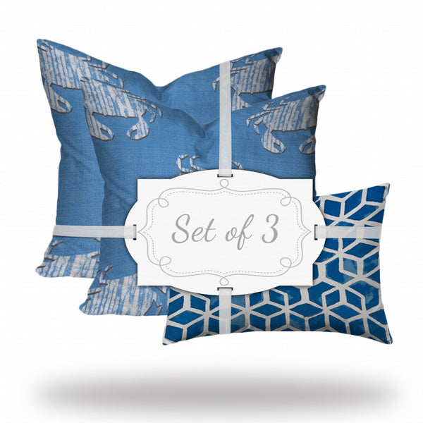 Homeroots Set Of Three 20" X 20" Blue And White Crab Zippered Coastal Throw Indoor Outdoor Pillow  100% Polyester 409978