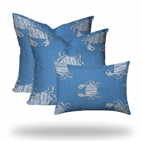 Homeroots Set Of Three 20" X 20" Blue And White Crab Blown Seam Coastal Throw Indoor Outdoor Pillow  100% Polyester 409979