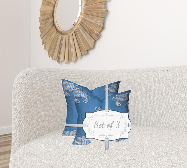 Homeroots Set Of Three 20" X 20" Blue And White Crab Blown Seam Coastal Throw Indoor Outdoor Pillow  100% Polyester 409979