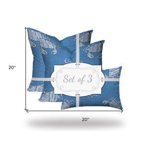 Homeroots Set Of Three 20" X 20" Blue And White Crab Zippered Coastal Throw Indoor Outdoor Pillow Cover  100% Polyester 409982