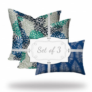 Homeroots Set Of Three 20" X 20" Blue And White Blown Seam Floral Throw Indoor Outdoor Pillow  100% Polyester 409989