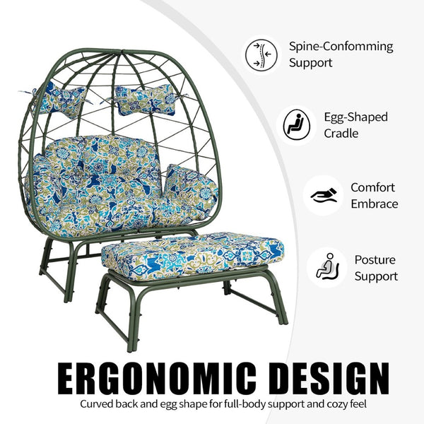 English Elm Double Wicker Egg Chair with Ottoman Bohemian Rattan Outdoor Lounge for Patio T5880P501486