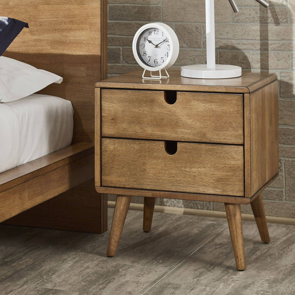 Camryn Mid-century Rubberwood Nightstand with Two Drawers for Bedroom