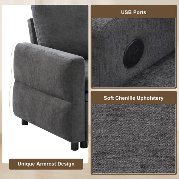 English Elm Convertible Chenille Sleeper Loveseat with Usb Ports and Reclining Backrest for Small Spaces Grey N719P390439E