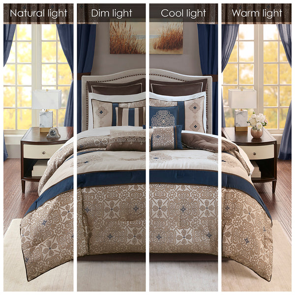 JLA Home Madison Park Essentials - 24 Luxe Room-In-A-Bag 24-Piece Navy & Natural Bedding Set with Jacquard Medallion, Sheets, Curtains MPE10-814