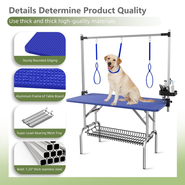 English Elm 47'' Stainless Steel Foldable Pet Grooming Station with Adjustable Arm Noose Mesh Tray Blue W3587P462638