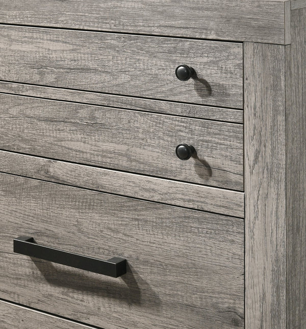 English Elm 1pc Rustic Charm Weathered Finish Metal Handle Five-Drawer Tall Chest Bedroom Storage Tower with Sleek Modern Lines and Easy Assembly Gray 62.2 L x 19.3 W x 40 H B2741P354506
