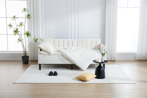 English Elm Elena Twin Size Beige Velvet Daybed with Ribbed Tufted Backrest, Foam Comfort, 400lb Capacity B083P152010