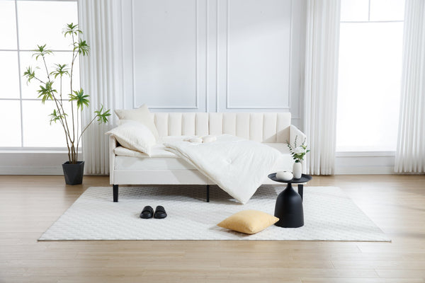 English Elm Elena Twin Size Beige Velvet Daybed with Ribbed Tufted Backrest, Foam Comfort, 400lb Capacity B083P152010