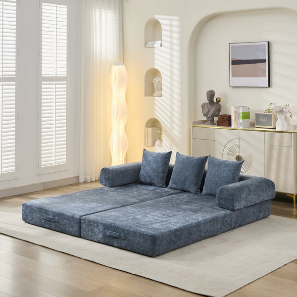 English Elm Comfy Convertible Folding Mattress Couch Sofa Bed with Chenille, Space-Saving Modular Lounge for Studio Blue W1143P330252