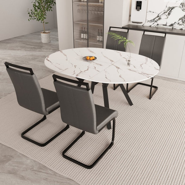 English Elm 47-63" Expandable Round Dining Set Mdf White Top Faux Leather Chairs for 6 Grey+White W3732S00064