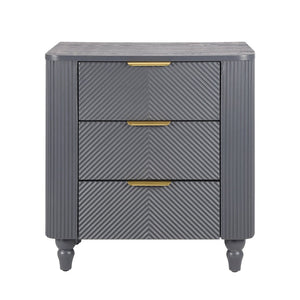 English Elm Mid-century Fluted 3 Drawer Nightstand with Gourd Legs and Gold Tone Handles for Bedroom Dark Gray N761P285712D