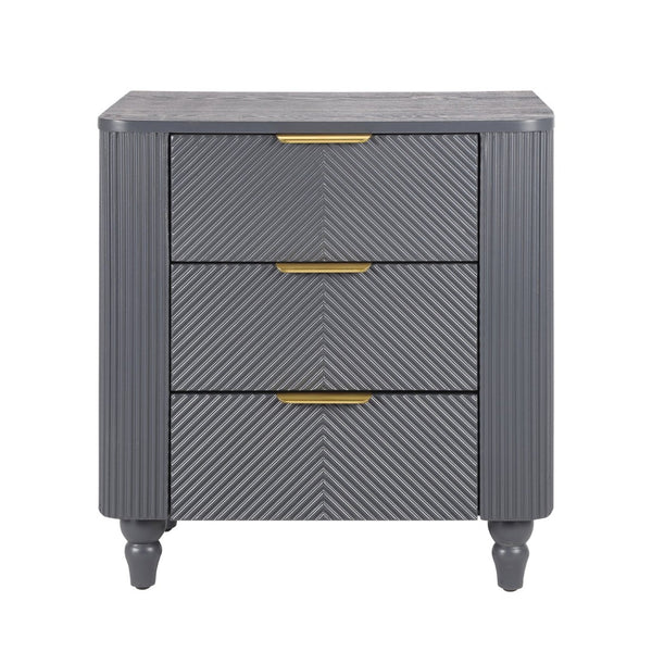 English Elm Mid-century Fluted 3 Drawer Nightstand with Gourd Legs and Gold Tone Handles for Bedroom Dark Gray N761P285712D