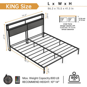 English Elm Queen Metal Platform Bed with Rgb Led Headboard Charging Station and Underbed Storage T3963P483808