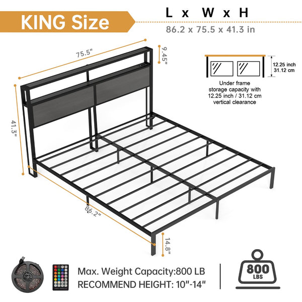English Elm Queen Metal Platform Bed with Rgb Led Headboard Charging Station and Underbed Storage T3963P483808