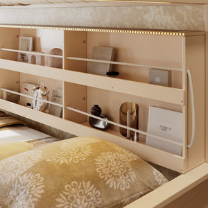 English Elm Twin Xl Over Queen Bunk Bed with Led Lighting Shelving and Pegboard Pinewood Frame Beige LT000280AAA