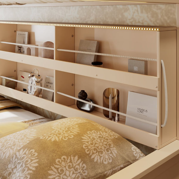 English Elm Twin Xl Over Queen Bunk Bed with Led Lighting Shelving and Pegboard Pinewood Frame Beige LT000280AAA