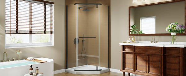 English Elm Corner Frameless Neo-angle Pivot Shower Enclosure with Tempered Glass and Sleek Hardware W637P348794