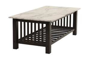 English Elm Contemporary 3pc Occasional Table Set Faux Marble Top Antique Walnut Finish Open Shelf Modern Design B011S01995