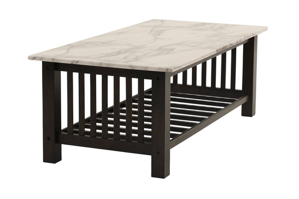 English Elm Contemporary 3pc Occasional Table Set Faux Marble Top Antique Walnut Finish Open Shelf Modern Design B011S01995