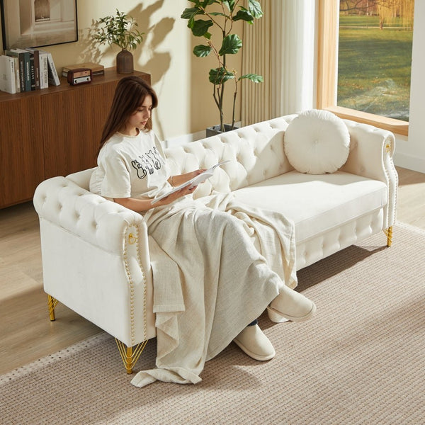 English Elm Velvet Chesterfield Tufted Sofa with Copper Stud Trim and Gold Legs for Glam Living Beige W834S00629