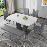 6-Piece Dining Set: Faux Marble Table Top, Modern Design Base, 4 PU Leather Chairs, 1 Bench