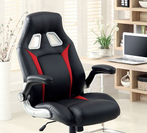 English Elm Modern Black Leatherette Office Chair with Red & Silver Accents, Pneumatic Height, Gaming Style Comfort B2741P340576