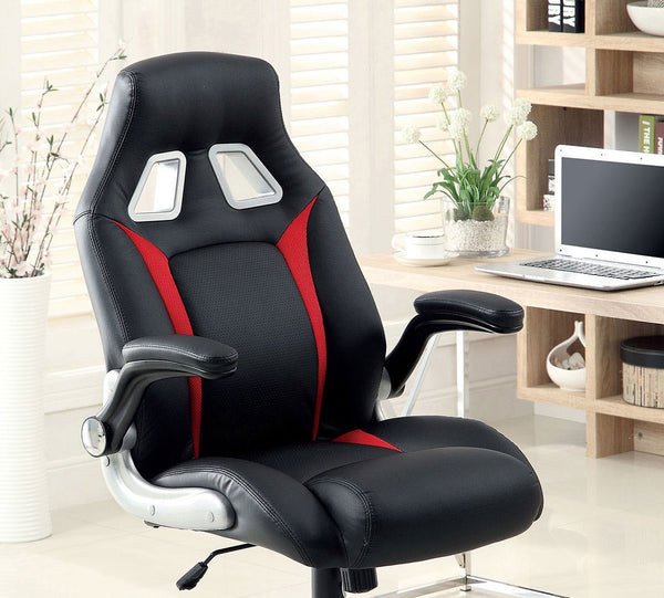 English Elm Modern Black Leatherette Office Chair with Red & Silver Accents, Pneumatic Height, Gaming Style Comfort B2741P340576