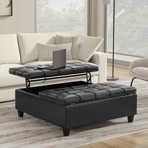 English Elm Harrison Large Square Storage Ottoman Coffee Table with Tufted Vegan Leather, Lift-Top & Seating Distressed Black B136P254706