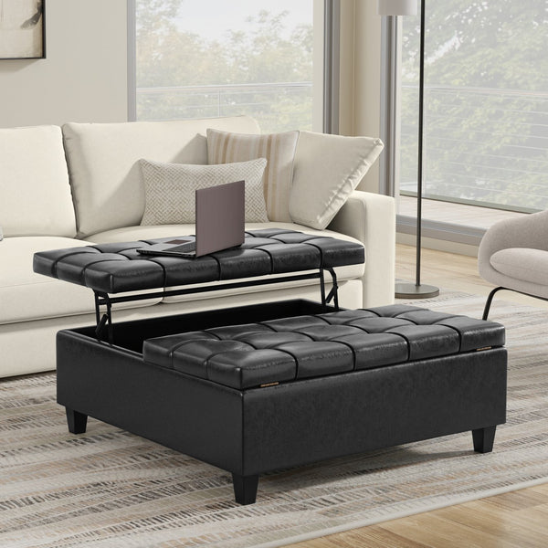 English Elm Harrison Large Square Storage Ottoman Coffee Table with Tufted Vegan Leather, Lift-Top & Seating Distressed Black B136P254706