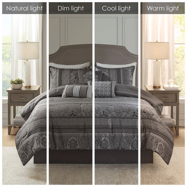 JLA Home Madison Park - 7 Elegant Jacquard Comforter Ensemble with 7 Pieces, Textured Polyester, Shams, Pillows, Bedskirt MP10-4884