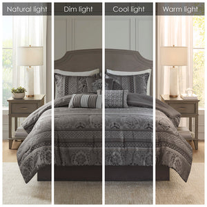 JLA Home Madison Park - 7 Jacquard Comforter Set with Luxe Textured Weave, Leaf and Ironwork Motifs, 7-Piece Tailored Ensemble 90 L x 90 W x 1.5H MP10-4882
