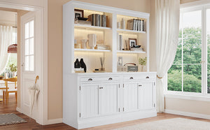 English Elm 83.4"Tall Bookcase Suite with LED Lighting, 2-Piece Modern White Storage Set with Doors Drawers and Adjustable Shelves for Living Room Office (Stylish, Spacious) SR000005AAK
