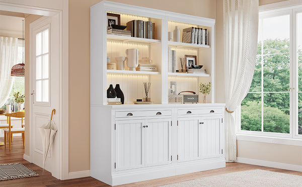 English Elm 83.4"Tall Bookcase Suite with LED Lighting, 2-Piece Modern White Storage Set with Doors Drawers and Adjustable Shelves for Living Room Office (Stylish, Spacious) SR000005AAK