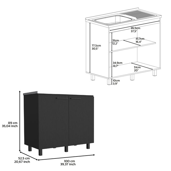 English Elm 2 Freestanding Utility Base Cabinet with Stainless Steel Top, Black Engineered Wood, Large Shelf & Handles B097S00111