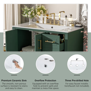 English Elm 36" Traditional Bathroom Vanity with Ceramic Sink, Solid Wood Cabinet, Soft-Close Doors & Drawers Green N729P251630F