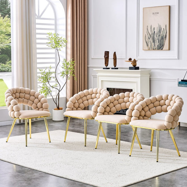 English Elm Set of 2 Sculptural Bubble Backrest Velvet Dining Chairs with Matte Black Legs Beige,Gold W3875P370929