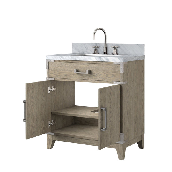 English Elm Grey Oak Single Bath Vanity With Carrara Marble Top, Complete Faucet Set & Soft-Close Storage B2731P259771