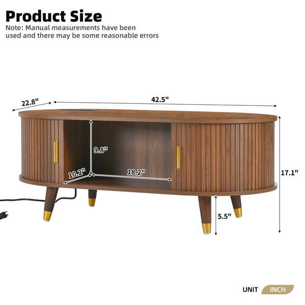 English Elm [Assembly Fluted Tambour Coffee Table with 360° Sliding Door, Built-In Charging Station & Mid-Century Flair Walnut N721P297572D