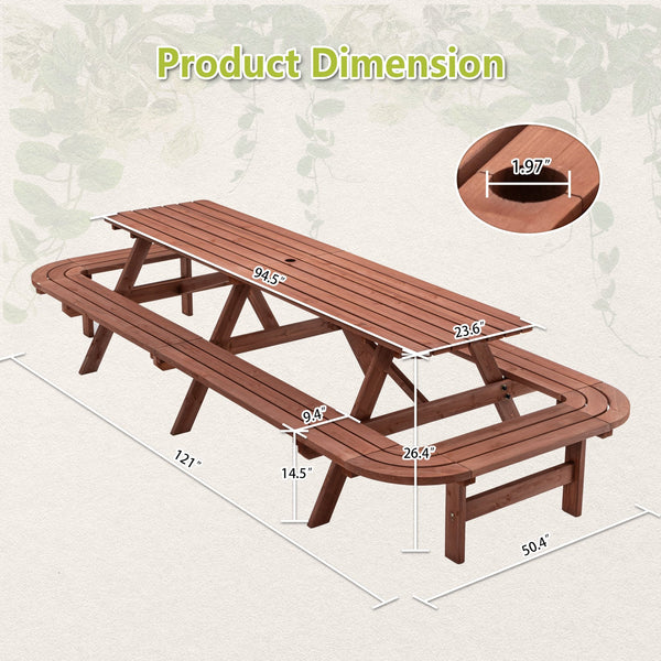English Elm Brown 8-Foot Fir Wood Picnic Table with Benches for 14–16, 121" Outdoor Rectangle Dining Set with Umbrella Hole W1422P354886