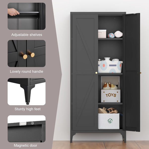 English Elm [metal Adjustable] Tall Steel Pantry Cabinet with Gold Handles and Four Shelves for Any Room Black T3625P366650