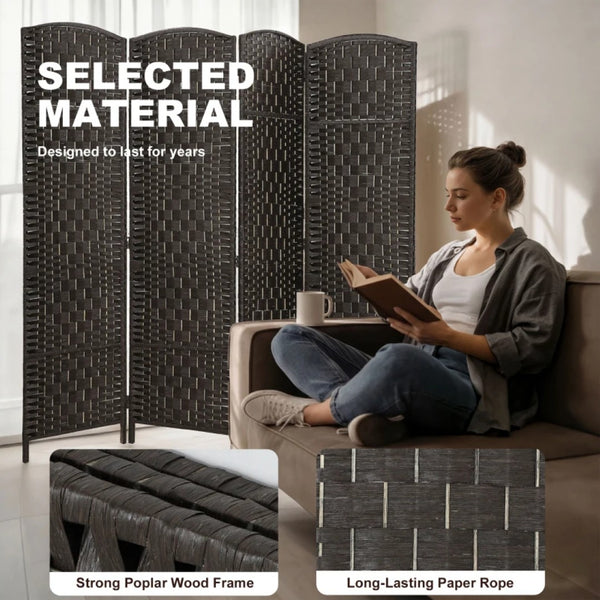 English Elm Tall Four Panel Woven Paper Rope Folding Screen Arched Poplar Room Divider T3971P469004