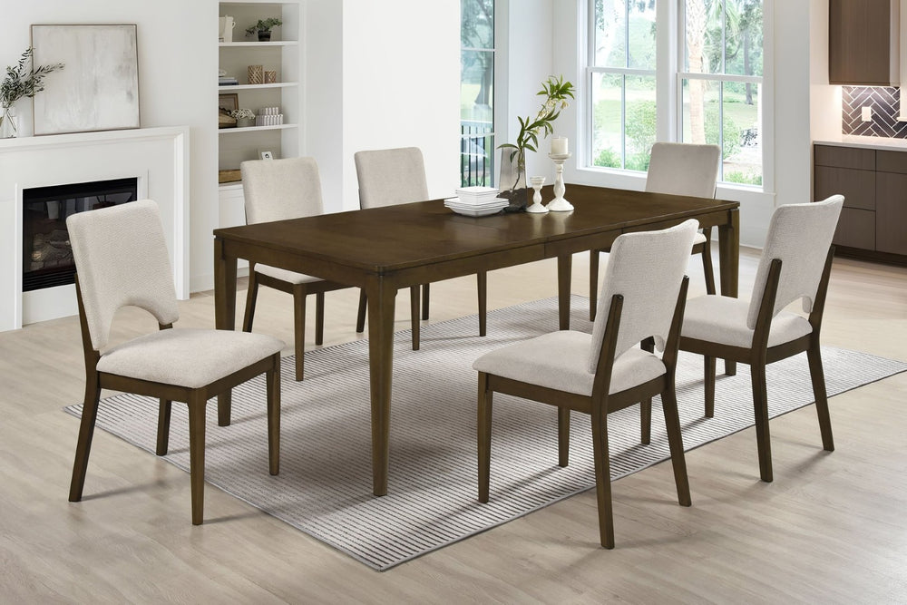 English Elm Contemporary Oak Veneer Extendable Dining Set Six Upholstered Chairs Angular Tapered Legs B011S02505