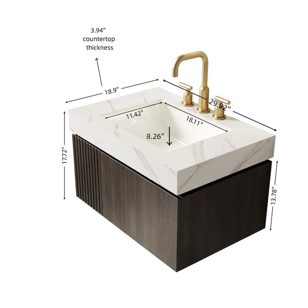 English Elm Muri Floating Bathroom Vanity Plywood Cabinet Sintered Stone Top Espresso Woodgrain W2615S00636