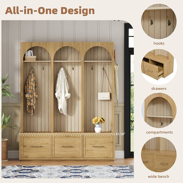 English Elm Farmhouse Hall Tree with Triple Arch Back Panel Eight Hooks Drawers and Entryway Bench N721S000071L