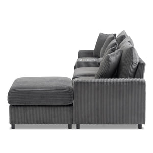 English Elm 112*64'' Corduroy Sectional Sofa with Bluetooth Speakers, L-Shaped Modular Couch w/Console,USB Charger,Storage & Ottoman,Deep Wide Seats for Living Room N723S1756E
